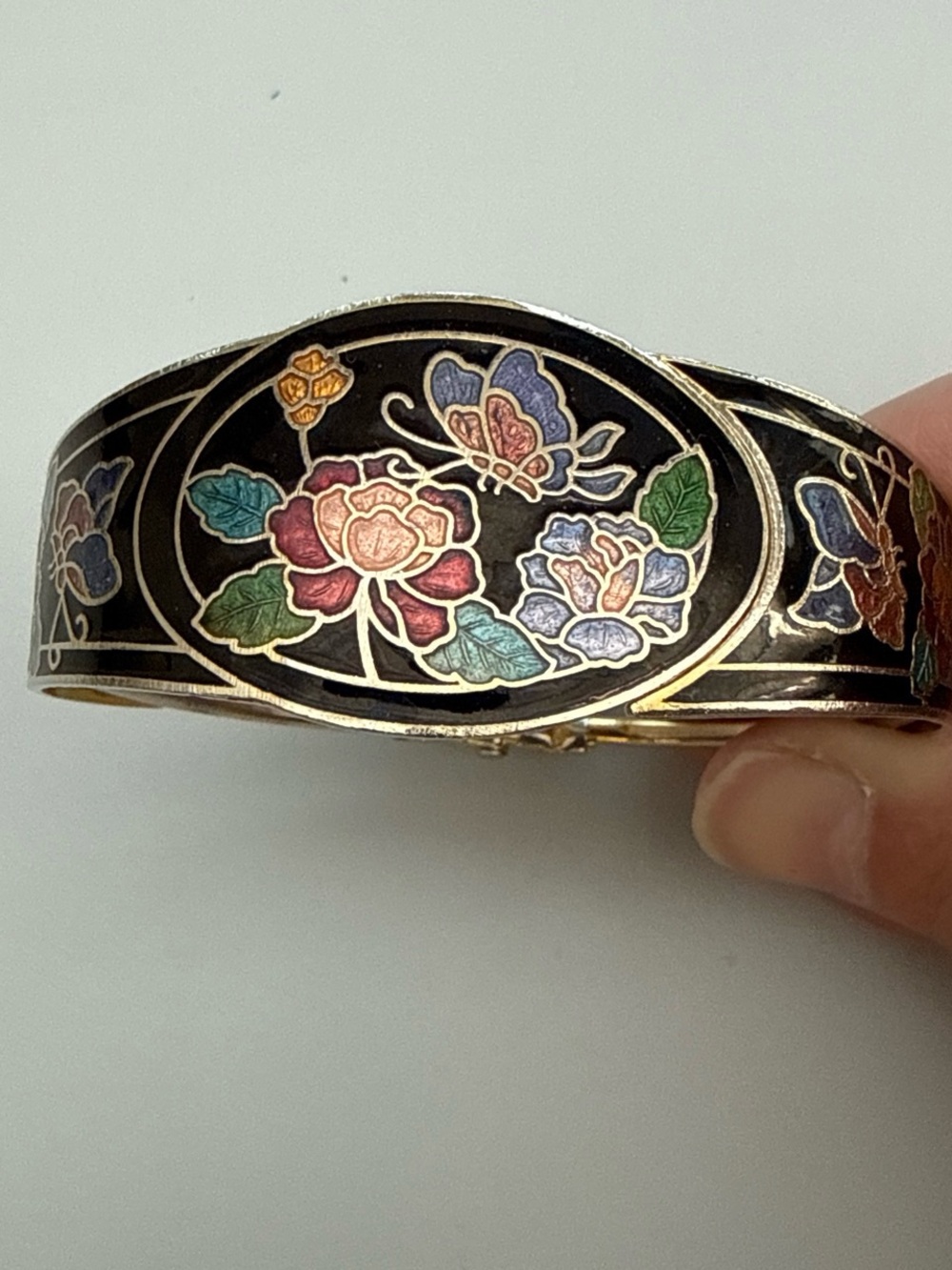 vintage 1970s or 1980s black cloisonne clamper bracelet